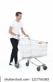 Smiling Man Pushing Shopping Cart.