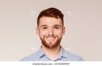 A smiling man is shown in front of a plain background with facial recognition technology overlay. This technology highlights key facial features for identification purposes.
