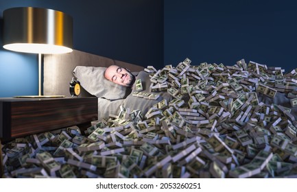 Smiling man sleeping in a bed covered with dollars money. wealth concept.