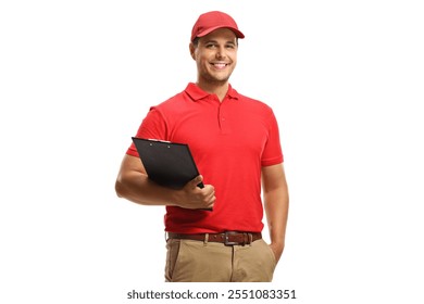 Smiling man in a uniform holding a clipboard isolated on white background