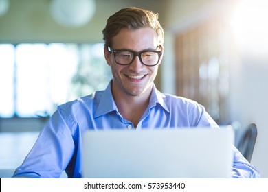 Smiling Man Using Laptop In Restaurant