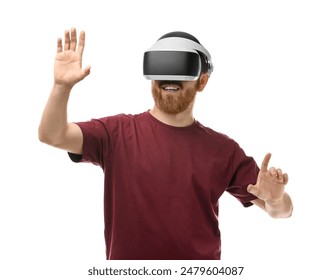 Smiling man using virtual reality headset on white background