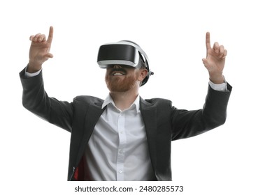 Smiling man using virtual reality headset while sitting in office chair on white background