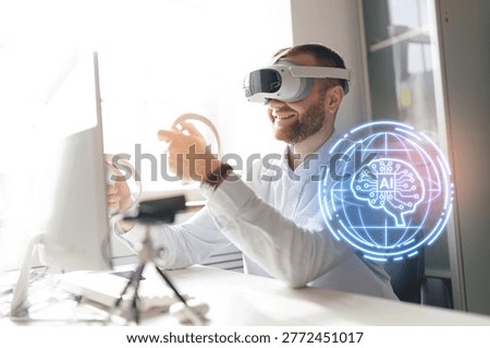Smiling man using vr headset with ai interface hologram for immersive training and virtual interaction in office.