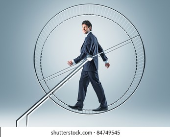 Smiling Man Walking In Hamster Wheel