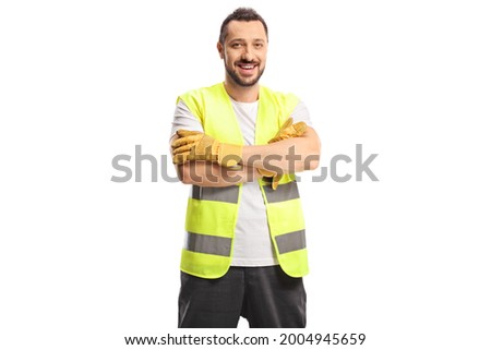 Smiling man waste collector in a uniform and gloves isolated on white background
