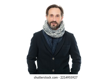 Smiling Man Wear Winter Warm Clothes Isolated On White Background. Studio Shot Of Man Wearing Warm