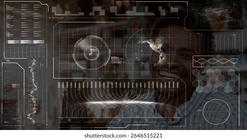 Smiling man wearing striped shirt scanning HUD data behind bar, with holographic globe, copy space. Futuristic, data, technology, nightlife, digital, analytics, ambiance - Powered by Shutterstock - Get 15% off with code: PIKWIZARD15