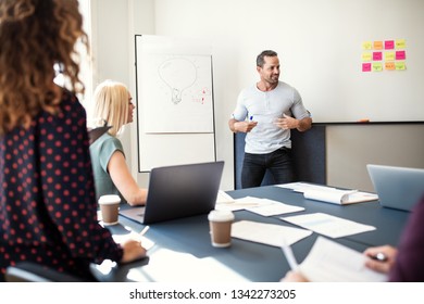 Smiling manager explaining a creative concept during a whiteboard presentation to a group of staff sitting around a table in an office boardroom