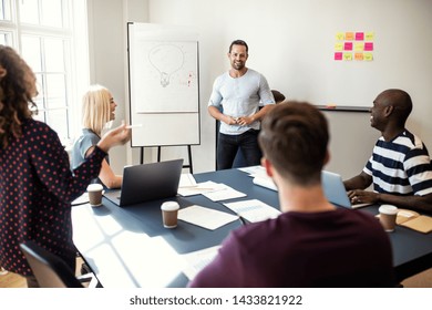 Smiling Manager Giving A Creative Whiteboard Presentation To A Diverse Group Of Staff Sitting Around A Table In An Office Boardroom