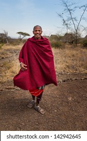 Smiling Masai Warrior In Traditional Blanket