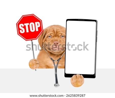 Smiling Mastiff puppy wearing like a doctor with stethoscope on his neck showing stop sign and big smartphone with white blank screen in it paw above blank white banner. isolated on white background