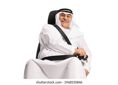 Smiling Mature Arab Man Putting On A Seat Belt Isolated On White Background