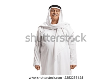 Smiling mature arab man in a traditional dishdasha isolated on white background