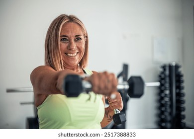 smiling mature blonde woman is lifting a dumbbell during a fitness class at the gym. The image highlights her positive attitude and active participation, showcasing her engagement and enjoyment - Powered by Shutterstock