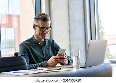 Smiling mature businessman holding smartphone sitting in office  Middle aged manager ceo using cell phone mobile apps   laptop  Digital technology applications   solutions for business development