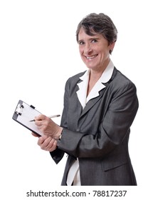 Smiling Mature Businesswoman Taking Notes With A Pad Isolated On White Background