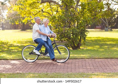 Smiling Mature Couple Enjoying Bicycle Ride At The Park