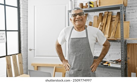 A smiling mature man in an apron stands confidently in his workshop with wood and tools. - Powered by Shutterstock