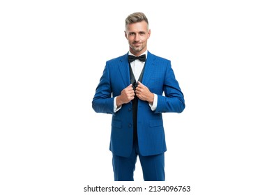 Smiling Mature Man In Bow Tie Blue Suit. Businessman Isolated On White. Leader In Tux Formal Wear