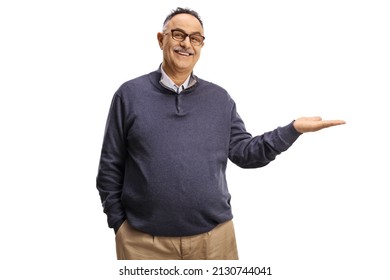 Smiling mature man holding with hand isolated on white background - Powered by Shutterstock