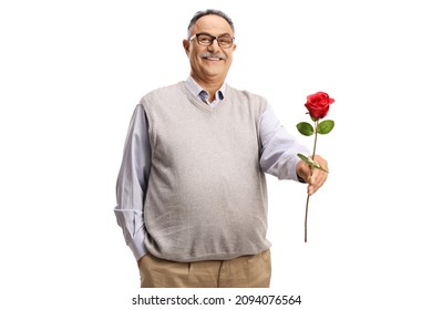 Smiling Mature Man Holding A Single Red Rose Isolated On White Background