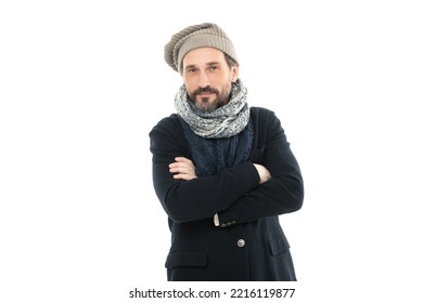 Smiling Mature Man In Winter Warm Clothes. Man Wear Winter Warm Clothes Isolated On White