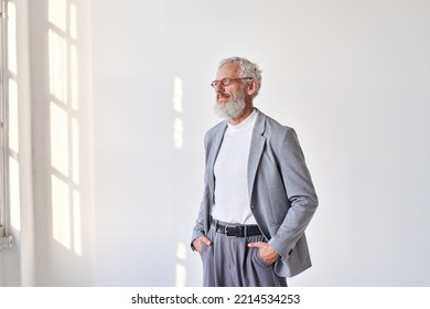 Smiling mature older successful gray-haired business man leader, thoughtful middle aged senior professional businessman looking through window thinking dreaming standing isolated on white wall. - Powered by Shutterstock