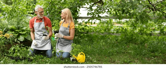 Smiling Mature Spouses Gardening Together On Backyard, Happy Senior Man And Woman Tending To Plants And Smiling To Each Other, Cheerful Older Couple Wearing Aprons, Enjoying Planting, Copy Space - Powered by Shutterstock