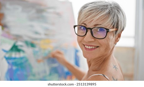 Smiling mature woman with grey hair creating art in a bright studio - Powered by Shutterstock