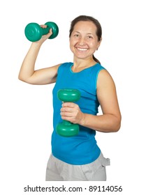 Smiling Mature Woman Lifting Two Green Dumbells.