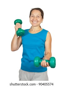 Smiling Mature Woman Lifting Two Green Dumbells.