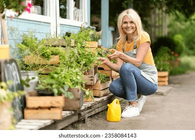 Smiling Mature Woman Taking Care About Plants In Crates At Her Backyard, Happy Beautiful Senior Lady Wearing Apron Enjoying Gardening And Eco Farming, Using Pruning Shears Secateurs, Free Space - Powered by Shutterstock