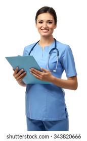 Smiling Medical Doctor Holding A Folder Isolated On White