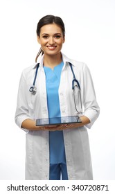Smiling Medical Doctor Holding A Tablet Isolated On White