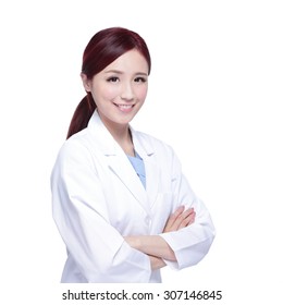 Smiling Medical Doctor Woman. Isolated Over White Background. Asian