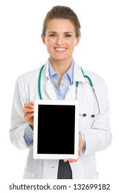 Smiling Medical Doctor Woman Showing Tablet Pc