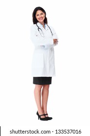 Smiling Medical Doctor Woman With Stethoscope. Isolated Over White Background.