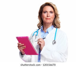 Smiling Medical Doctor Woman With Tablet Computer. Isolated On White Background.