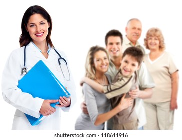 Smiling medical family doctor woman. Health care background.