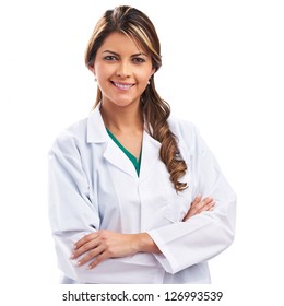 Smiling Medical Woman Doctor.  Isolated Over White Background