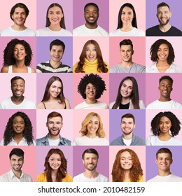 Smiling men and women of various nationalities and generations, set of closeup portraits on colorful backgrounds, creative image. Peoples lifestyles, diverse international communities concept