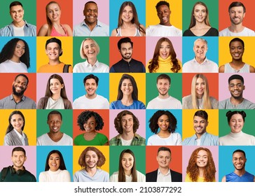 Smiling men and women of various nationalities and generations, collection of closeup portraits on colorful backgrounds, creative image. Peoples lifestyles, international communities concept