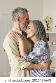 Smiling Mid Age Older Couple Hugging And Kissing Standing At Home. Happy Senior Adult Mature Classy Husband And Wife Embracing, Bonding, Enjoying Wellbeing And Love In New Modern House.