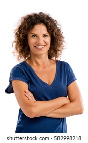 Smiling Middle Aged Woman With Arms Folded, Isolated On White Background