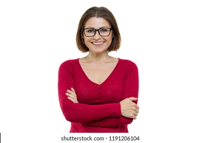 Smiling Middle Aged Woman With Folded Arms On White Background, Isolated.