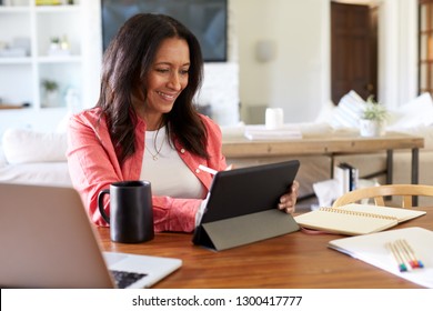 Smiling Middle Aged Woman Sitting At The Table In Her Dining Room Drawing On A Tablet Computer With A Stylus, Close Up