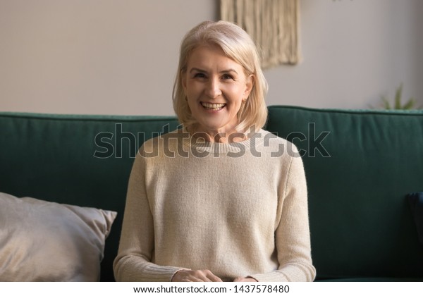 Smiling Middle Aged Woman Talking Camera Stock Photo Edit