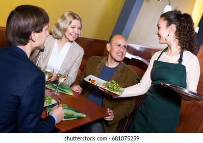 Smiling Middle Class People Enjoying Food, Waitress Taking Order