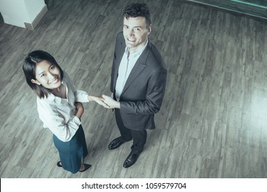 Smiling middle-aged business man and woman shaking hands, sealing deal, standing in office hall and turning to camera. High angle view.